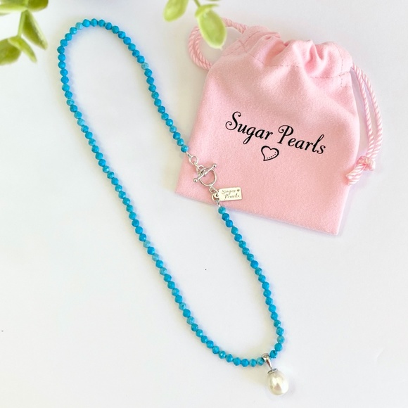 Turquoise Blue, 14k White Gold Pearl Pendant Necklace - Picture 2 of 4